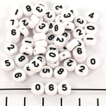 number bead flat round - white with black 7 mm