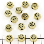acrylic bead flat round - smiley gold 10 mm