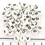 letter beads flat round - white with black 7 mm
