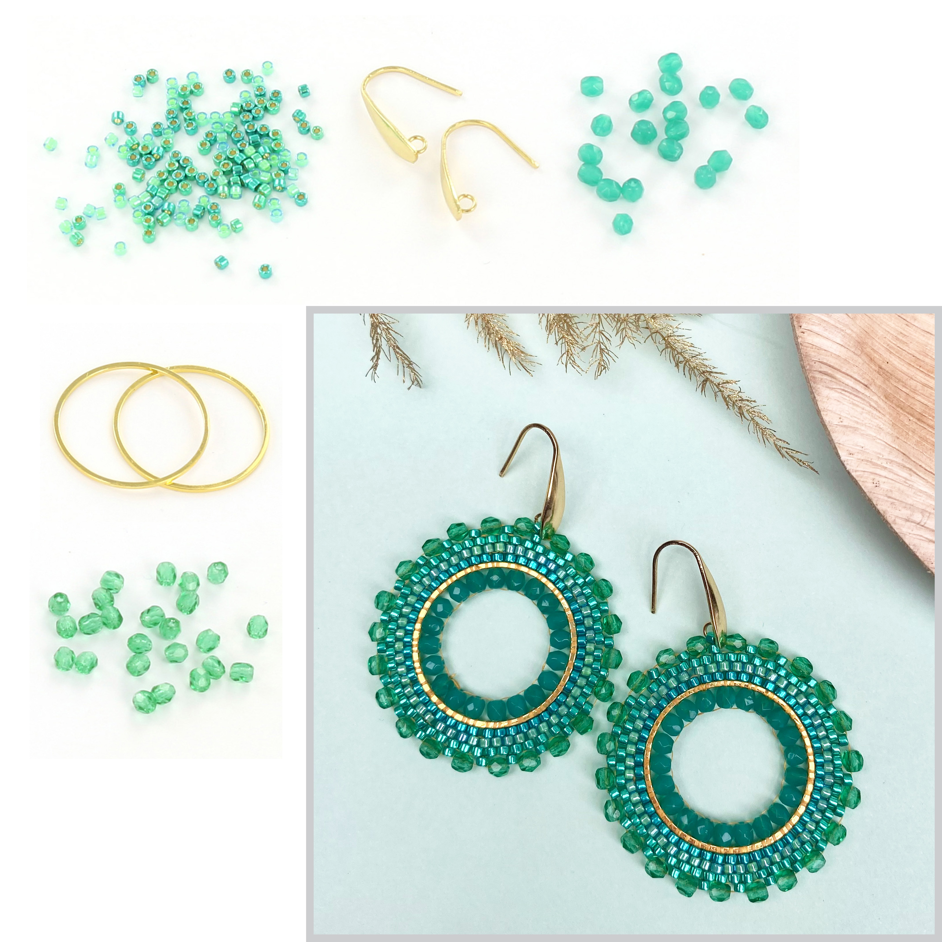 Extra foto's DIY kit ronde oorbellen - groen en goud