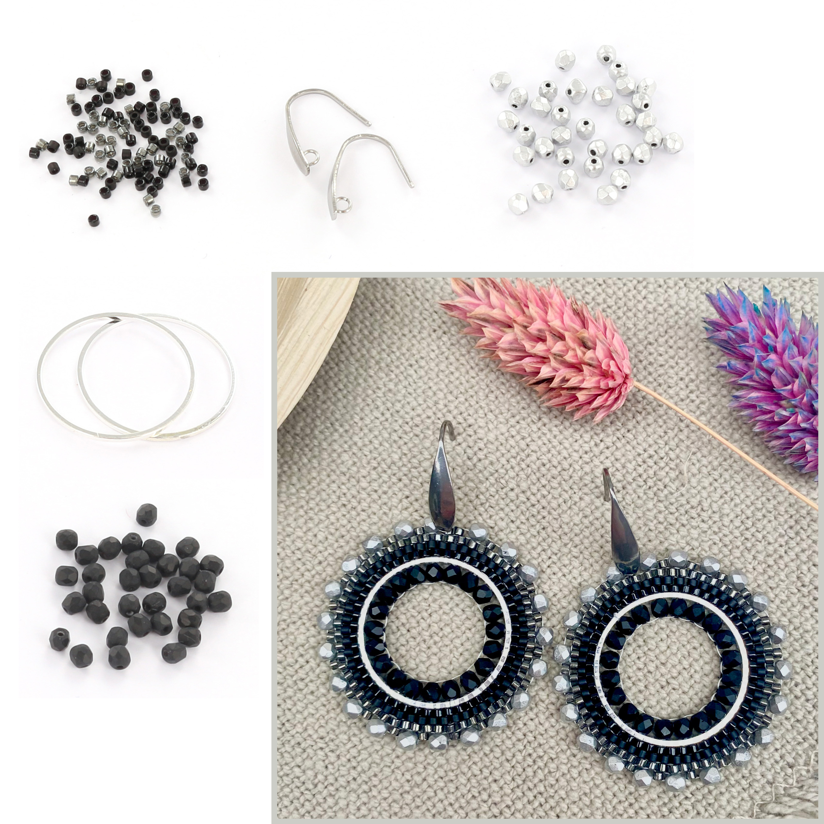 Extra foto's DIY kit ronde oorbellen - zwart en zilver