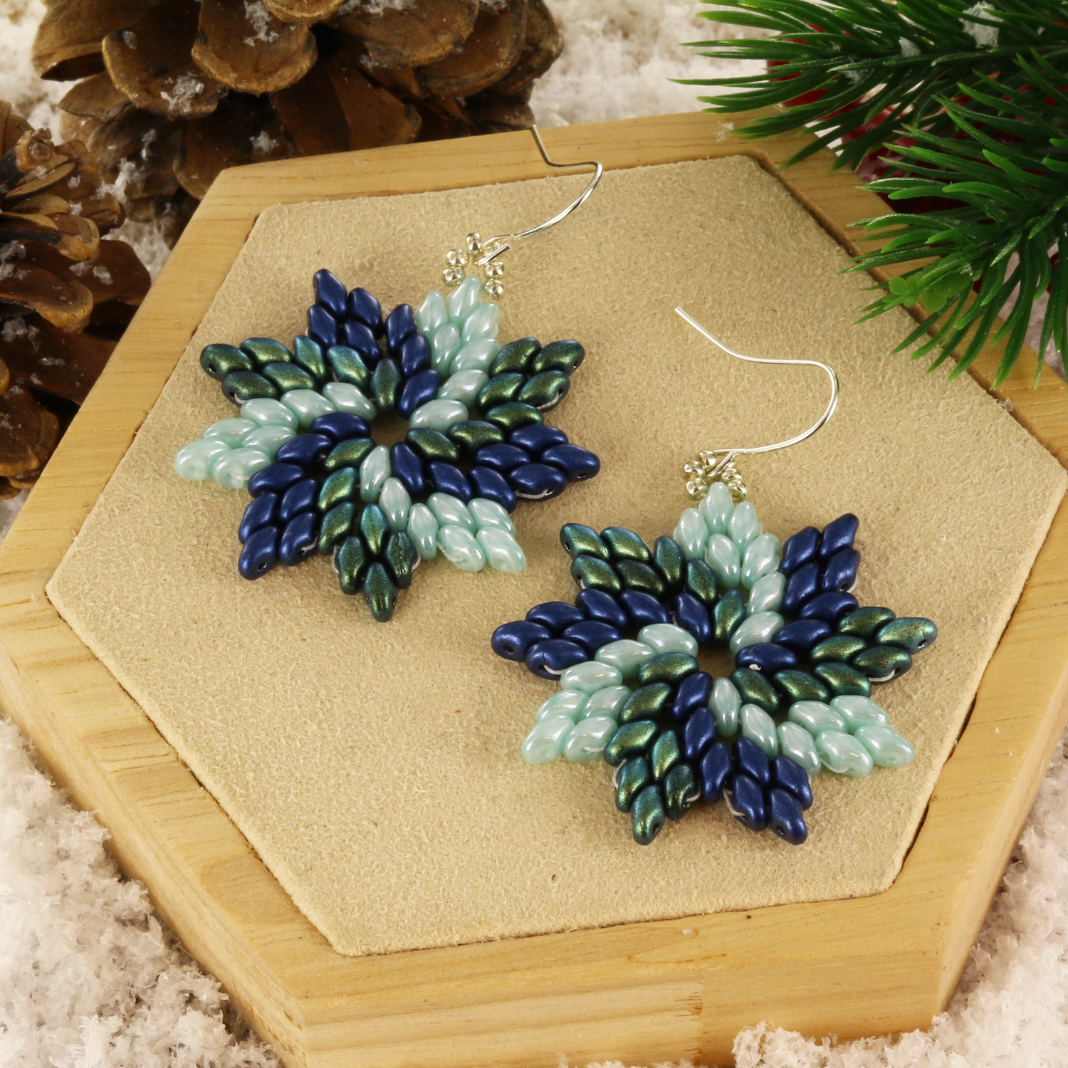 Extra foto's DIY pakket - superduo ster oorbellen blauw groen