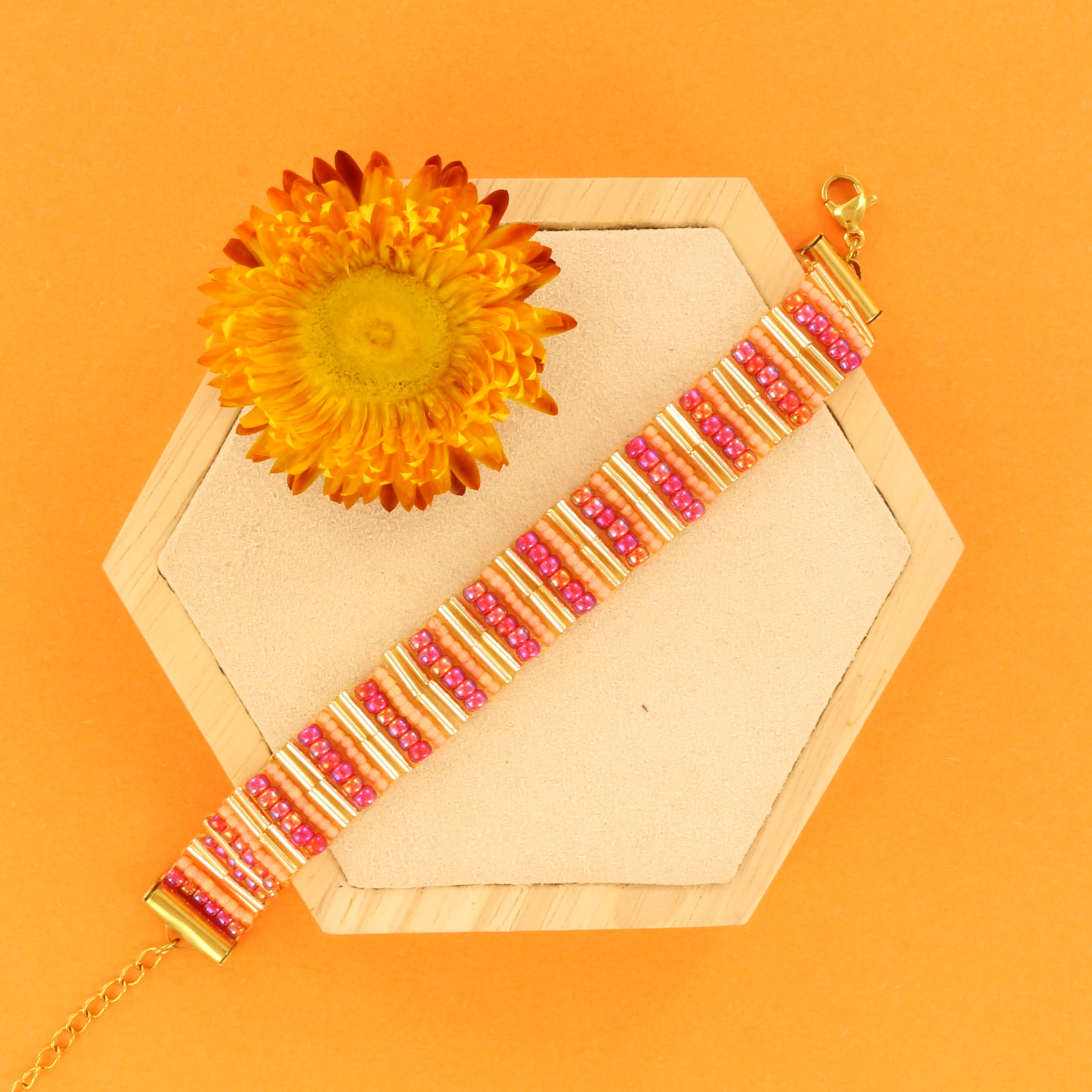 Extra foto's DIY ladderstitch armband - rood zalm goud
